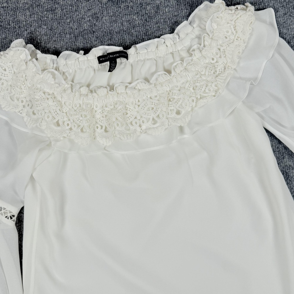 White House Black Market Blouse Womens Small White Lace Bell Sleeve Off Shoulder